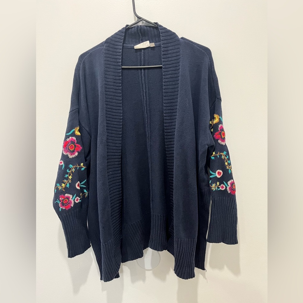 Embroidered Wrap Cardigan Navy and Multicolor Embroidered Flowers Womens Medium
